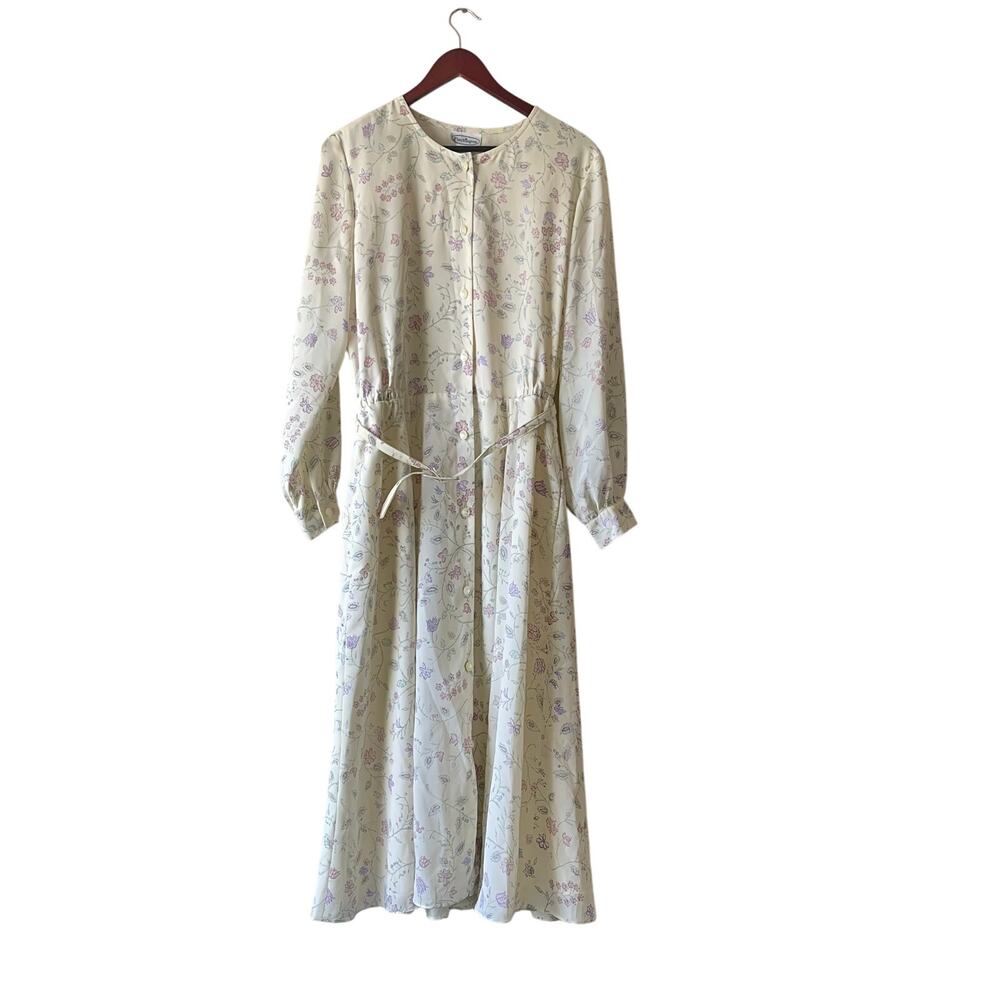 Vintage 80s patchington cream with purple floral print shirt dress midi large